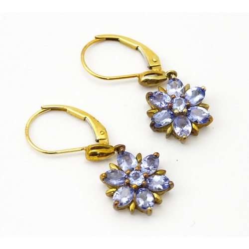 586 - A pair of 9ct gold drop earrings set with tanzanite in a floral setting. Approx. 1 1/4