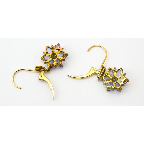 586 - A pair of 9ct gold drop earrings set with tanzanite in a floral setting. Approx. 1 1/4