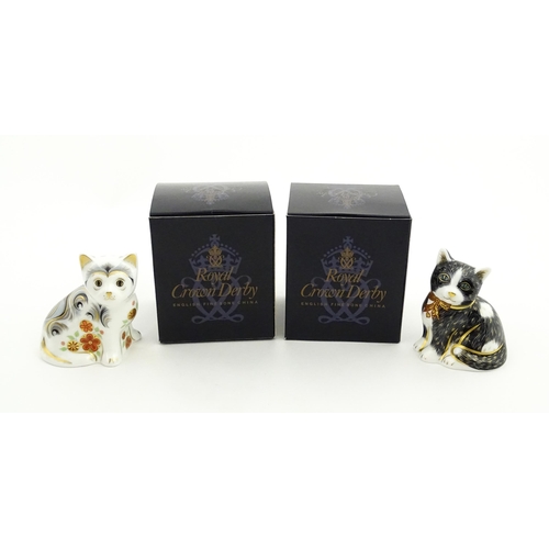 113 - Two Royal Crown Derby paperweights modelled as seated cats, one titled Black & White Kitten. Marked ... 