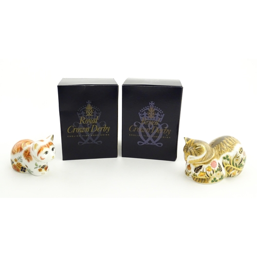 115 - Two Royal Crown Derby paperweights modelled as cats, one titled Cottage Garden Cat. Marked under. Bo... 