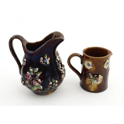 155 - Four items of 19thC Measham bargeware to include a jug floral and foliate detail and the motto A Pre... 