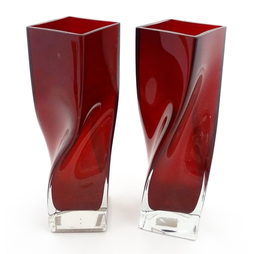 175 - A pair of large red sommerso glass vases of squared form with twist detail. Approx. 16