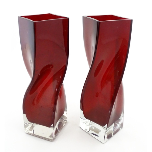 175 - A pair of large red sommerso glass vases of squared form with twist detail. Approx. 16