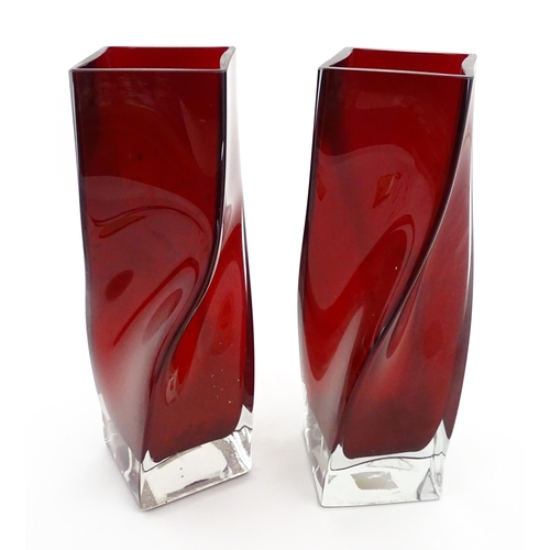 175 - A pair of large red sommerso glass vases of squared form with twist detail. Approx. 16