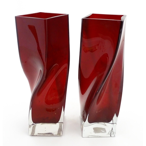 175 - A pair of large red sommerso glass vases of squared form with twist detail. Approx. 16