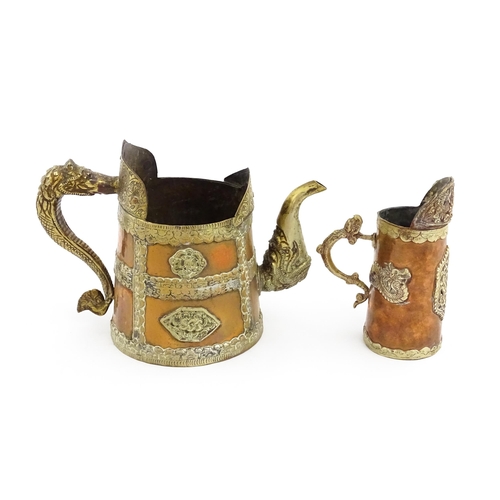 1046 - Two Tibetan copper vessels comprising a kettle / ewer with a shaped rim, stylised dragon handle and ... 