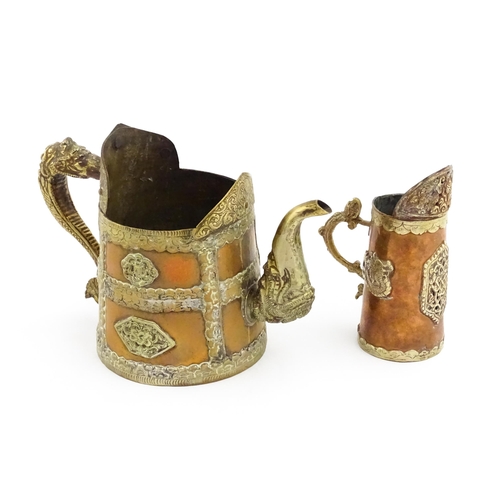 1046 - Two Tibetan copper vessels comprising a kettle / ewer with a shaped rim, stylised dragon handle and ... 