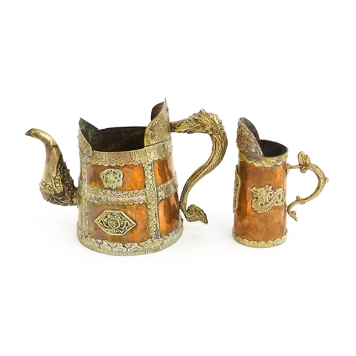 1046 - Two Tibetan copper vessels comprising a kettle / ewer with a shaped rim, stylised dragon handle and ... 