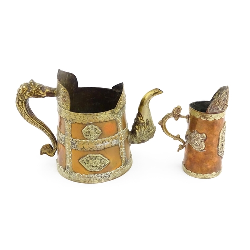 1046 - Two Tibetan copper vessels comprising a kettle / ewer with a shaped rim, stylised dragon handle and ... 