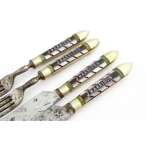 1076 - A cased pair of unusual knives and forks with mother of pearl detail to handles and titled J Harriso... 