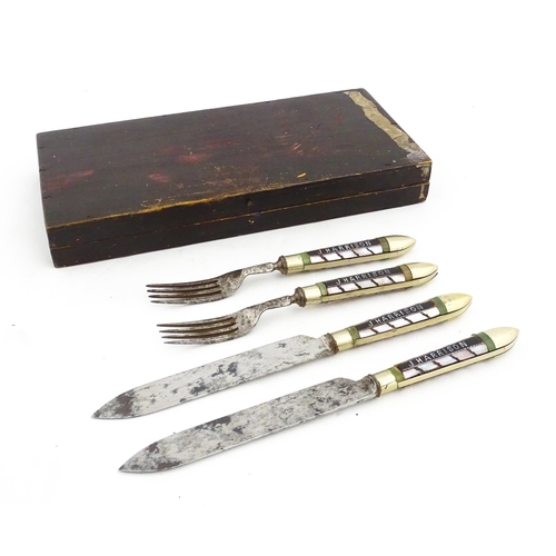 1076 - A cased pair of unusual knives and forks with mother of pearl detail to handles and titled J Harriso... 