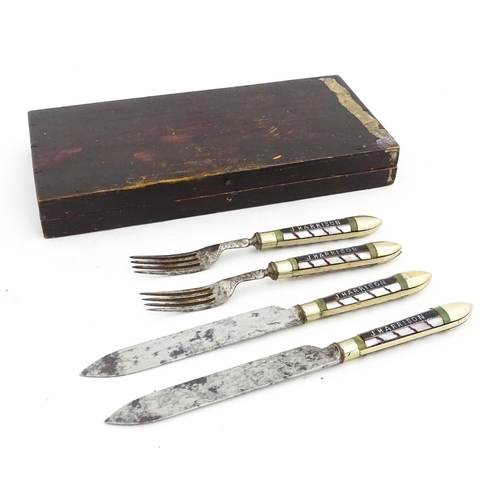 1076 - A cased pair of unusual knives and forks with mother of pearl detail to handles and titled J Harriso... 