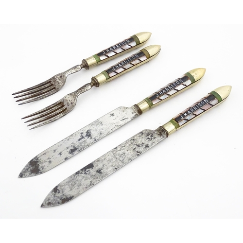 1076 - A cased pair of unusual knives and forks with mother of pearl detail to handles and titled J Harriso... 