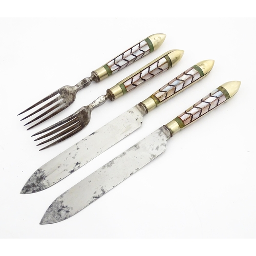 1076 - A cased pair of unusual knives and forks with mother of pearl detail to handles and titled J Harriso... 