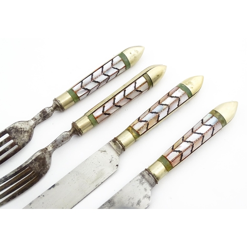 1076 - A cased pair of unusual knives and forks with mother of pearl detail to handles and titled J Harriso... 