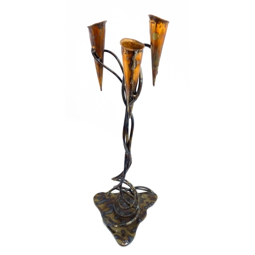 1227 - A 20thC Cornish Art Nouveau style centrepiece / candle holder by Paul Hoskin with three copper branc... 