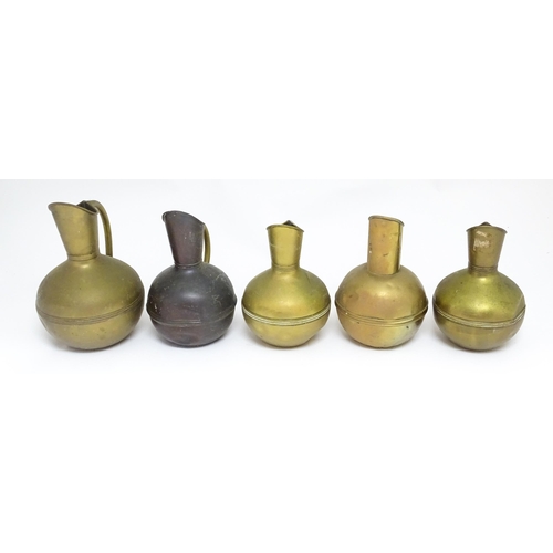 1246 - Three Arts and Crafts brass jugs by Henry Fearncombe of Wolverhampton, stamped to the bases 'H F & C... 