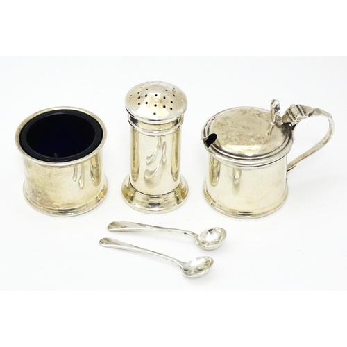 255 - A silver three piece cruet set comprising salt, pepper and mustard hallmarked Birmingham 1922, maker... 