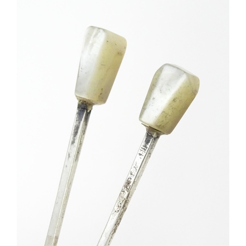 283 - Two silver cocktail / pickle forks with mother of pearl handles, hallmarked Sheffield 1935, maker Vi... 