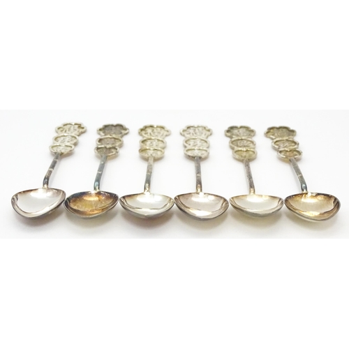 367 - A set of six Chinese export silver teaspoons with bamboo style handles decorated with Oriental chara... 