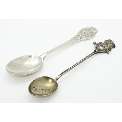 401 - Two commemorative / souvenir spoons, one with bowl engraved 1837-97 hallmarked London 1896, maker Co... 