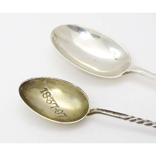 401 - Two commemorative / souvenir spoons, one with bowl engraved 1837-97 hallmarked London 1896, maker Co... 