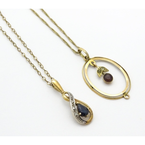 743 - A 9ct gold pendant with amethyst and white stone detail, on a 9ct gold chain with twist detail. Toge... 