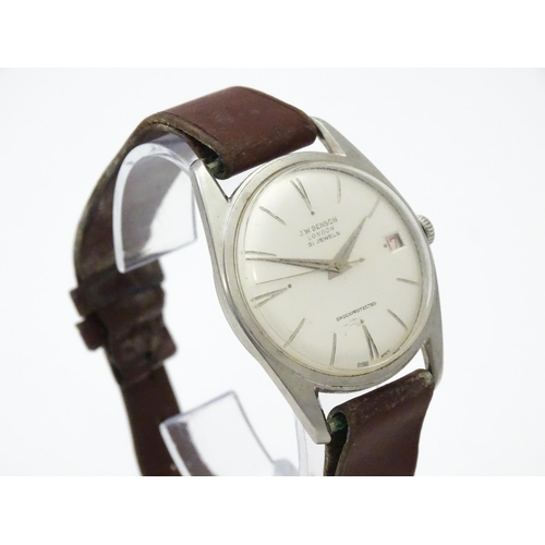 812 - A 1960s gentleman's wristwatch by J W Benson, the dial with hour batons and date aperture. With case... 