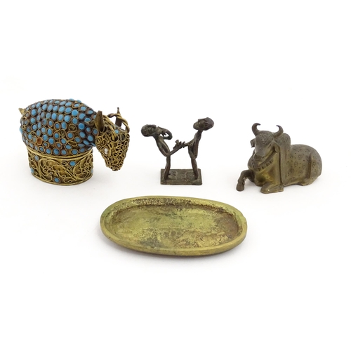 1049 - Three assorted items to include an Indian cast brass Nandi idol modelled as a recumbent bull with st... 