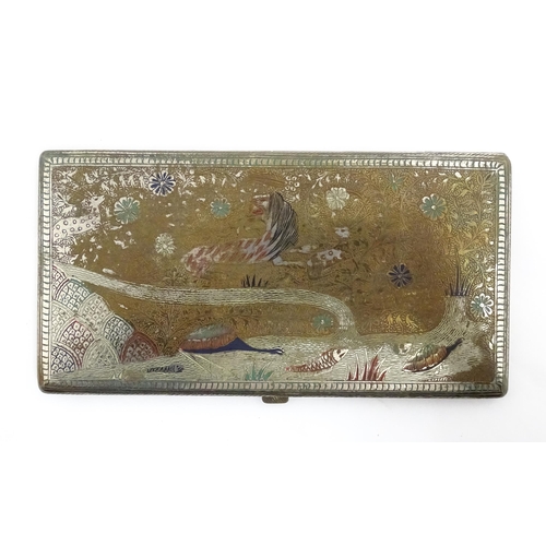 1050 - An Indian white metal cigarette case decorated with lion, impala, bird, and fish with scrolling flor... 