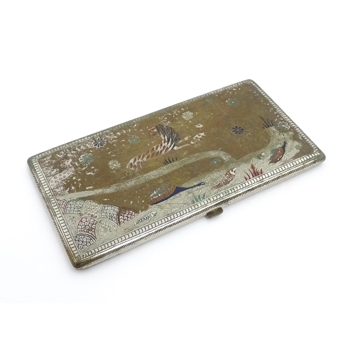 1050 - An Indian white metal cigarette case decorated with lion, impala, bird, and fish with scrolling flor... 