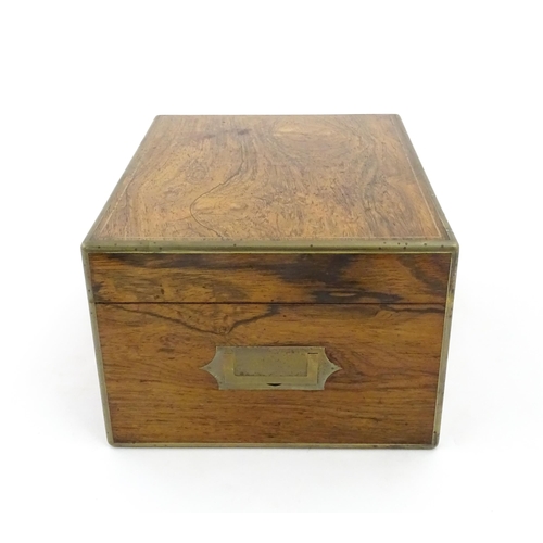 1066 - A Victorian walnut jewellery box / vanity case with inlaid brass stringing, campaign style handle an... 