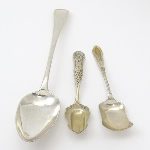 278 - A silver tablespoon hallmarked London 1805, maker Thomas Dicks. Together with two sugar shovels / sp... 