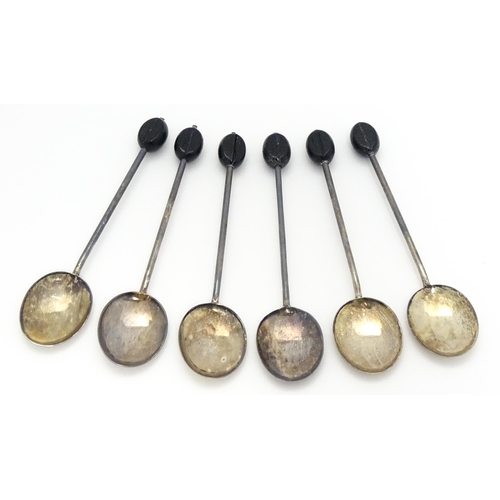 290 - A set of six silver coffee spoons with coffee bean detail, hallmarked Birmingham 1926 maker William ... 