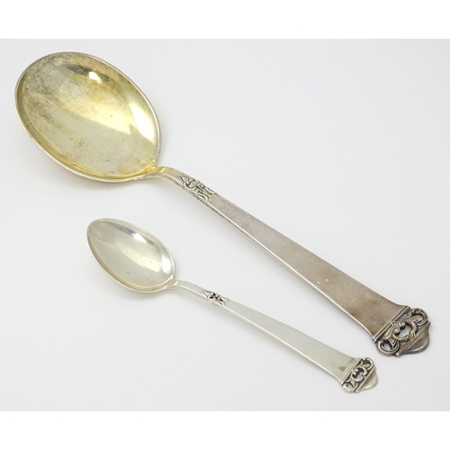 305 - Scandinavian silver : Two Norwegian .830 silver spoons, one a serving spoon, the other a teaspoon.  ... 