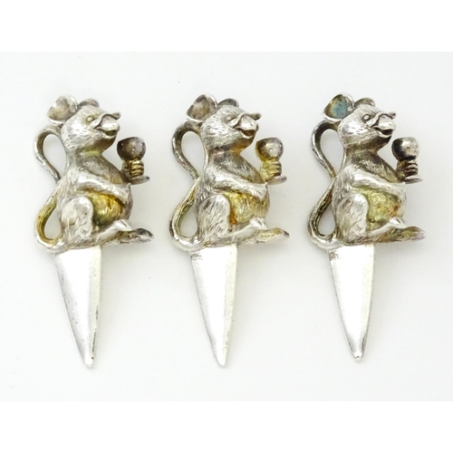 432 - Three novelty white metal cheese picks / markers in the form of mice. Approx. 1 3/4