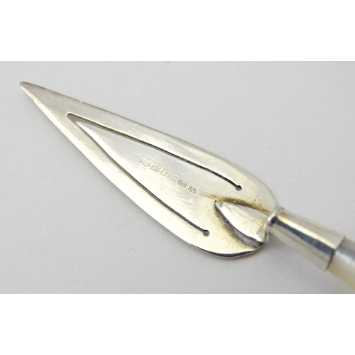 448 - A silver page marker of trowel form with mother of pearl handle, hallmarked London 1985, maker Ari D... 