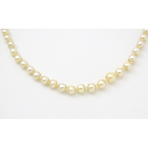 748 - A cultured pearl single necklace with silver  and marcasite clasp. Approx 18