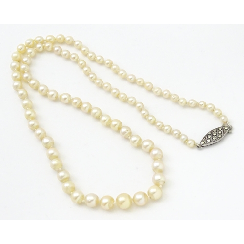 748 - A cultured pearl single necklace with silver  and marcasite clasp. Approx 18