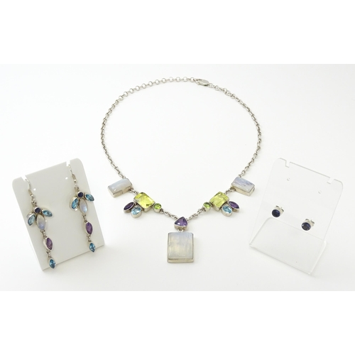 756 - A silver necklace and matching drop earrings set with various semi precious stones, together with a ... 