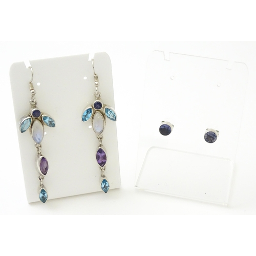 756 - A silver necklace and matching drop earrings set with various semi precious stones, together with a ... 