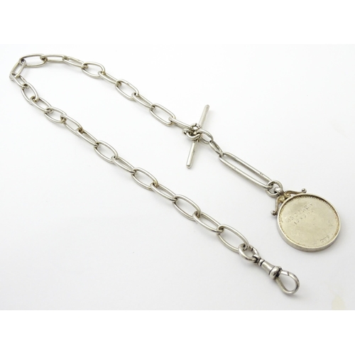 796 - A .925 silver watch chain with T-bar and silver fob. Approx. 15