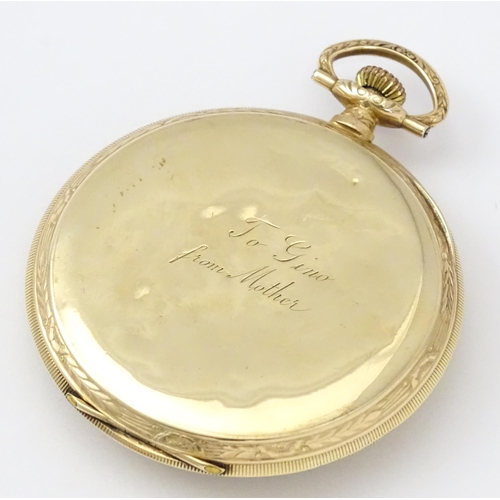 798 - A 9ct gold top wind pocket watch with Roman numerals and subsidiary Arabic seconds dial. The Case be... 