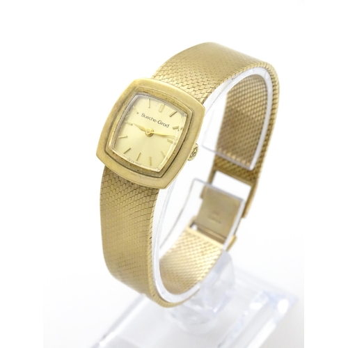 806 - A 9ct gold cased ladies wristwatch by Bueche-Girod, with 9ct gold strap. Watch approx. 7/8