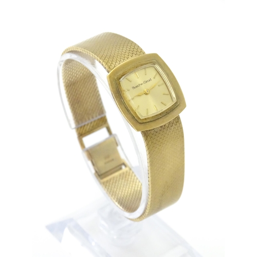 806 - A 9ct gold cased ladies wristwatch by Bueche-Girod, with 9ct gold strap. Watch approx. 7/8