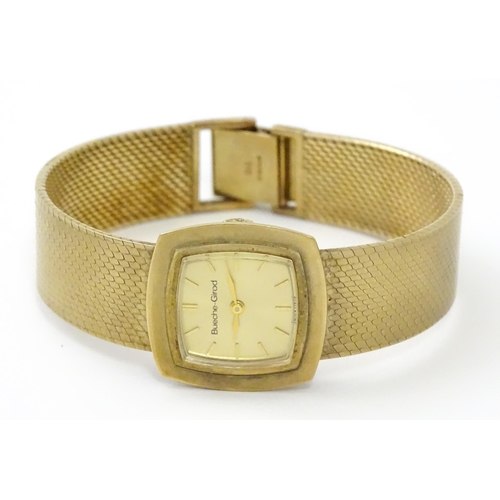 806 - A 9ct gold cased ladies wristwatch by Bueche-Girod, with 9ct gold strap. Watch approx. 7/8