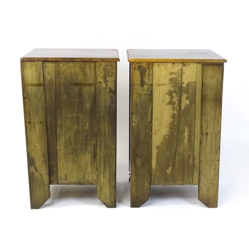 1495 - A pair of Edwardian walnut pedestals with moulded tops above carved panelled doors raised on turned ... 