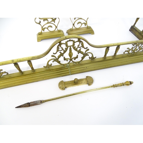 1299 - A 19thC brass fire fender, the gallery with acanthus decoration and spear terminals above a stepped ... 