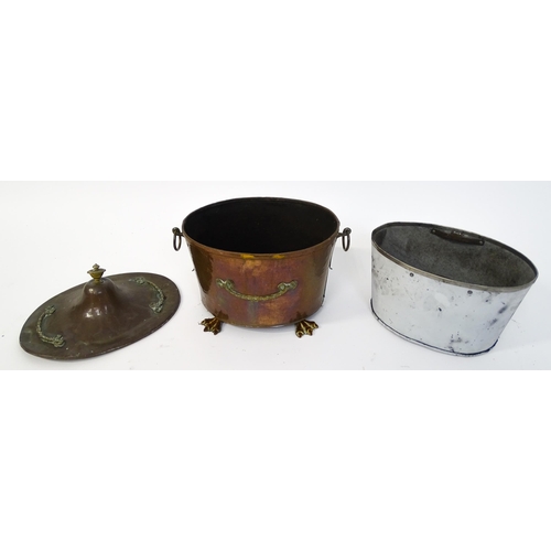 1302 - A late 19thC copper and brass coal bucket, of tapering oval form with lid, ring handles and removabl... 