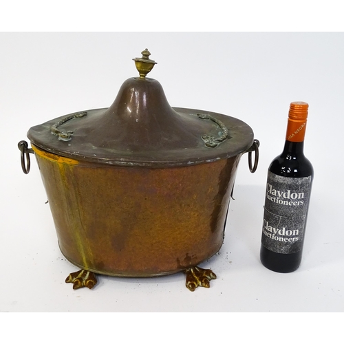 1302 - A late 19thC copper and brass coal bucket, of tapering oval form with lid, ring handles and removabl... 